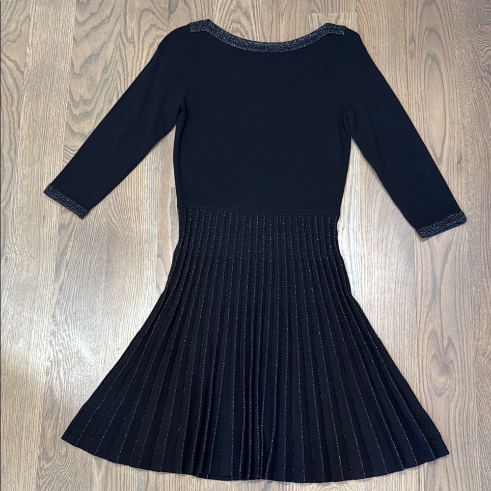 Ann Taylor Black and Gold Pleated Fit and Flare Dress